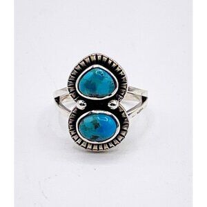Vintage Sterling Silver Ring Sz 6.5 Double Turquoise Cabochon Southwest Boho